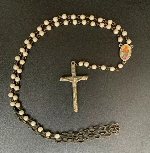 † Rosary Antique Italian Beads Crystal Pearl, Crucifix Silver Cross Charm 19th †