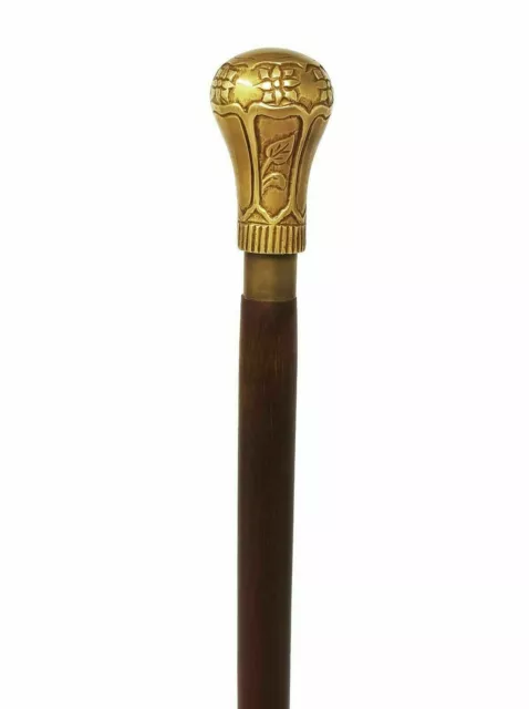 Antique Walking Stick Wooden Victorian Brass Solid Ball Head Handle Vintage Cane