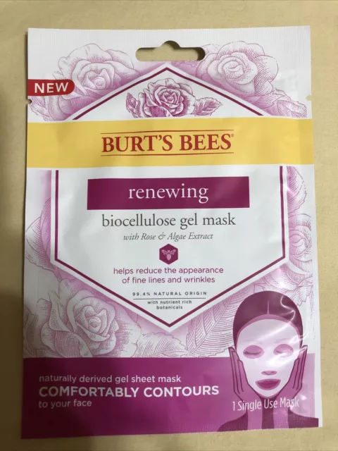 Burt’s Bees Renewing Face Skin Sheet Mask Biocellulose Gel Rose Algae Extract
