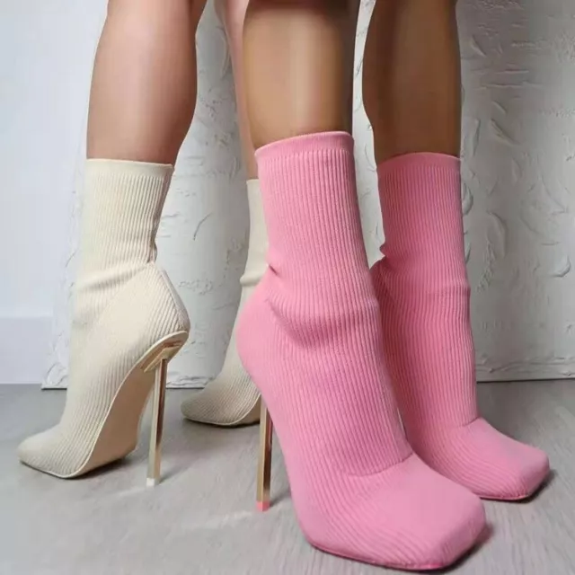 Womens Sexy Sock Booties Stiletto Heel Square Toe Stretch Knit Ankle Boots Shoes