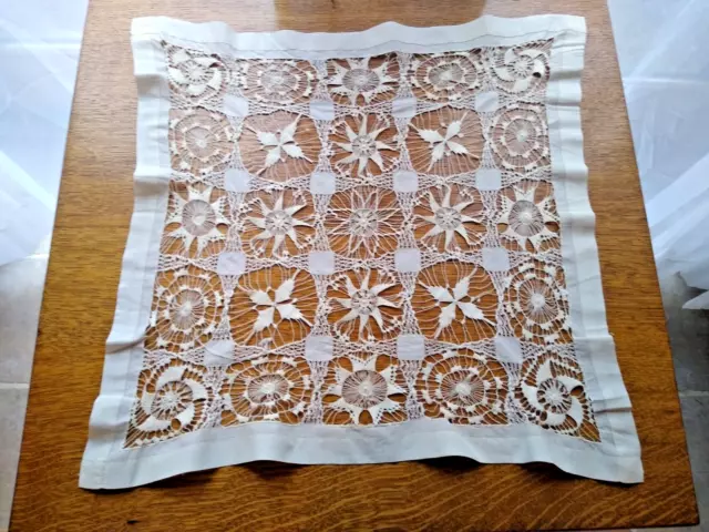 Antique Drawn Thread Work on Silk Doily Table Topper Collector 22" Square Ivory