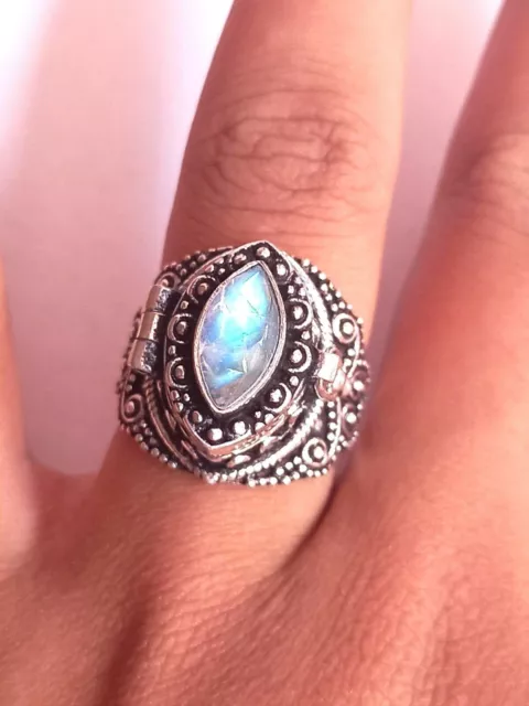 Vintage Poison Secret Box Ring, Moonstone, 925 Silver Oxidized Ring Size 7 US