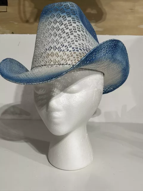 Sombreros Finos blue/white straw hat made in Mexico Smaller Head size