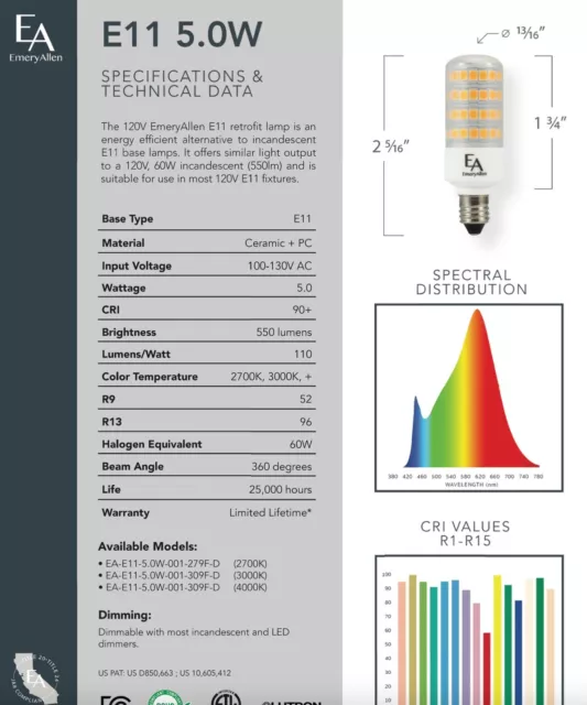 EmeryAllen EA-E11-5.0W-001-2790-D, 5.0W 2700K 90+CRI E11Base 535 Lumens