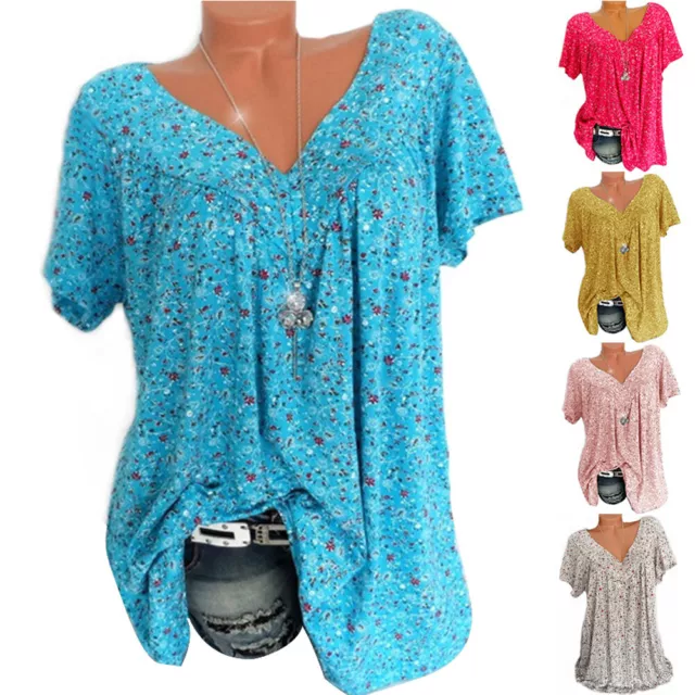 Plus Size Women Short Sleeve T-Shirt V Neck Summer Casual Baggy Blouse Top Shirt