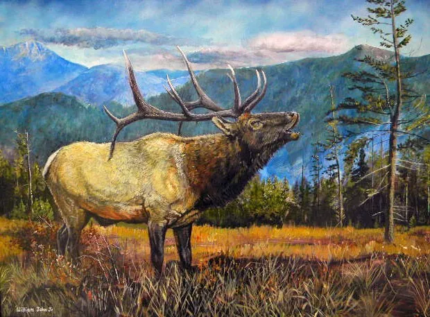 William John Jr Call for the Rut Bull Elk  22x28 Acrylic Landscape Painting