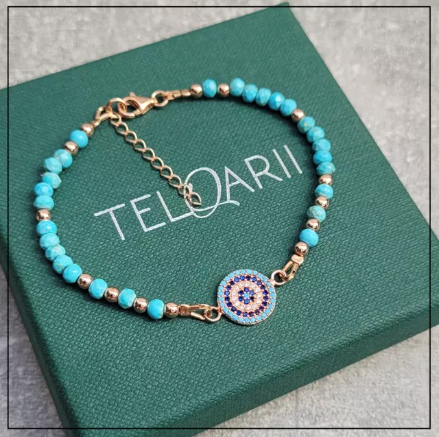 Turkish gold-plated Evil Eye bracelet with natural turquoise stone, 925 Silver