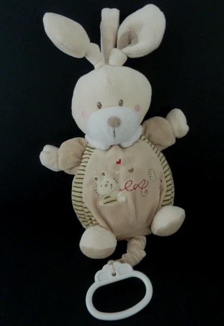 B5. DOUDOU PELUCHE MUSICAL NICOTOY LAPIN BEIGE MARRON ROUGE BLANC ABC 22cm TBE