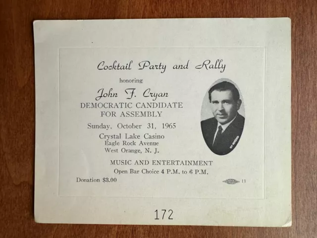 John F. Cryan Democratic Candidate for Assembly Fund Raiser Ticket - 1965