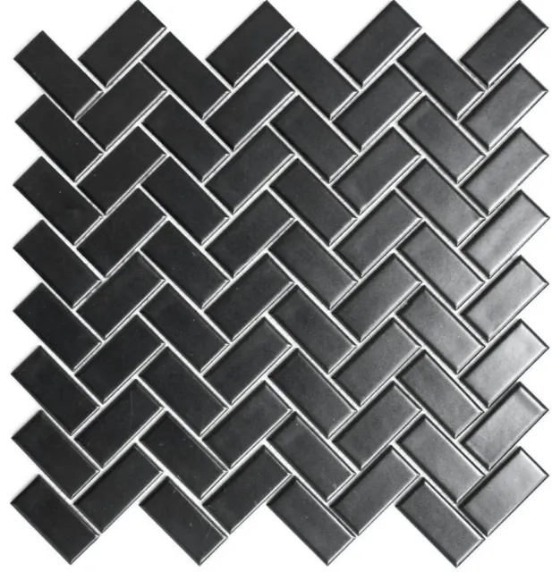 Mosaico azulejo espina de pescado cerámica negro mate pared suelo 24-CHB06BM_b | 1 alfombra