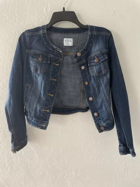 ELLE Women's Blue Medium Wash Denim Button Down Crop Stretch Jean Jacket Size XS