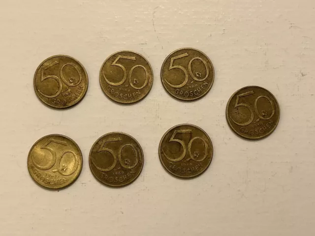 Lot Of 7 Austrian 50 Groschen Coin Collection, Circulated 1959-1961