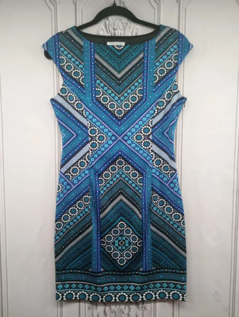 London Style Collection Petites Dress SZ 8P Blue Paisley Sheath Stretch EUC