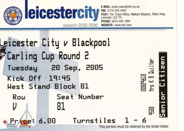 Ticket - Leicester City v Blackpool 20.09.05 League Cup