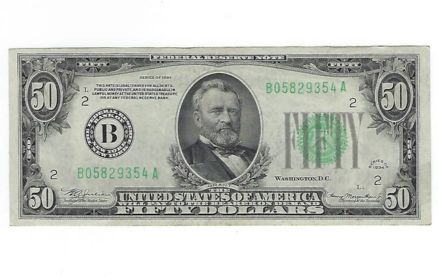 $50 1934 Series FRN New York Paper Money Light Green Seal Circulated Currency