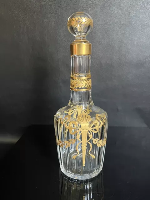 Antike Likör Glaskaraffe mit Golddekor  facettiertem Glas im Empirestil um 1900 3