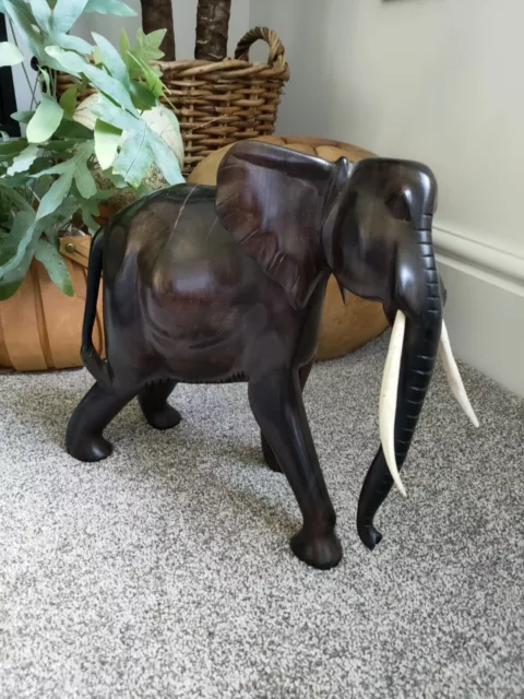 Large 3.3kg ANTIQUE EBONY HAND CARVED WOODEN ELEPHANT 28cm tall