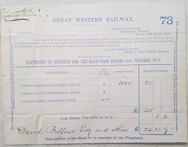 1877 Great Western Railway Share Dividend Statement Paddington London