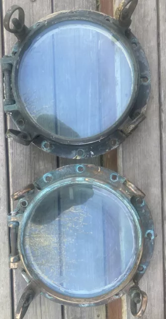 Two Matched Antique 16” Brass Portholes Phila Ship Yard