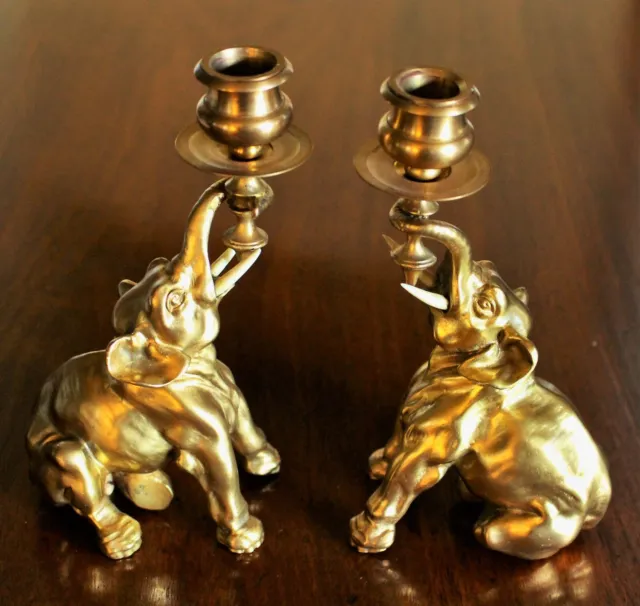 Pr. Vintage 6.75" Empire Elephant Figural Gilded Brass/Bronze Candlesticks c1970