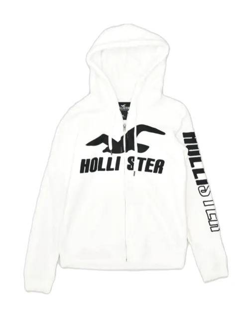 HOLLISTER Womens Graphic Zip Hoodie Sweater UK 6 XS White Cotton RA03