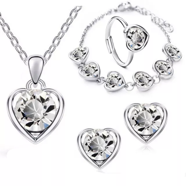 925 Silver, Gold Cubic Zirconia Women Ring Earrings Necklace Wedding Jewelry Set 2