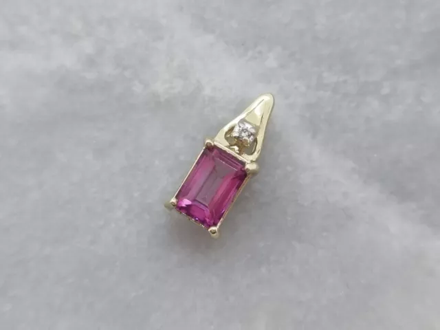 Solid 9ct Yellow White Gold Drop Pendant Emerald Cut Pink Flamingo Topaz Diamond