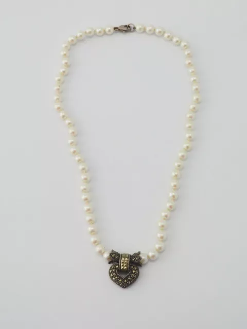 Vintage Judith Jack Deco faux pearls sterling silver marcasites heart necklace