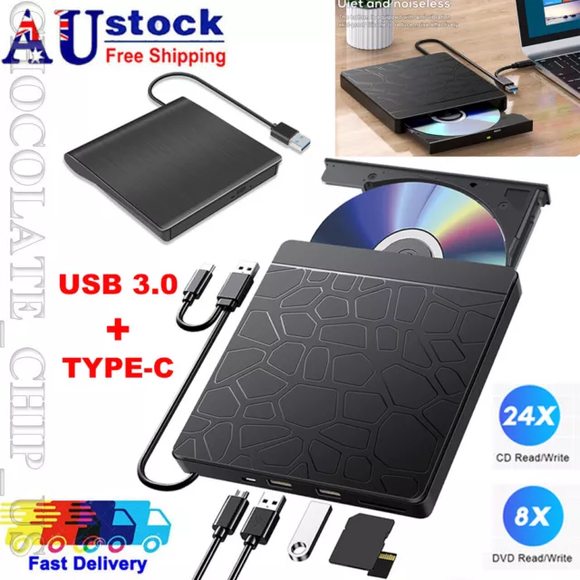 Slim External CD DVD Drive USB3.0 TypeC Disc Player Burner Writer For Mac Laptop