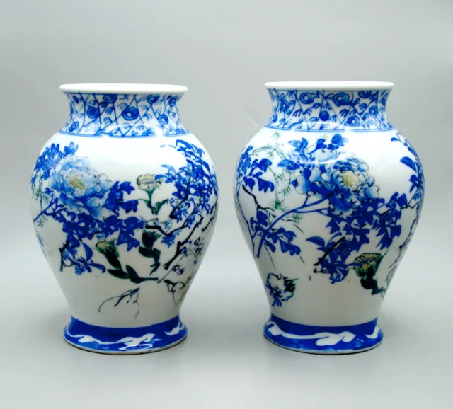 JAPANESE SETO Porcelain Polychrome Blue & White Pair MEIJI C19th Vases