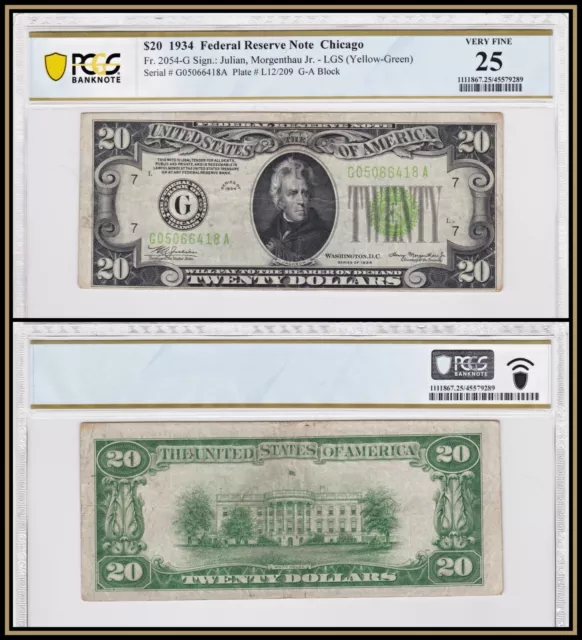 1934 Light Green Seal $20 Federal Reserve Note PCGS Banknote 25 Very Fine LGS