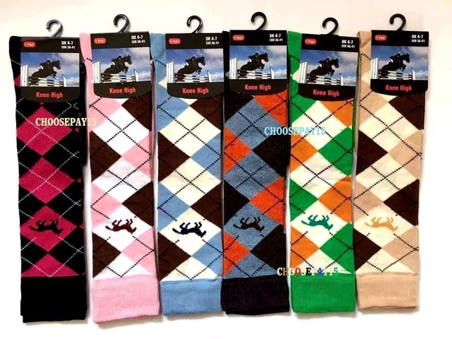 12 Pairs Ladies/Women's Argyle Horse Design Polo Riding Cotton Knee High Socks