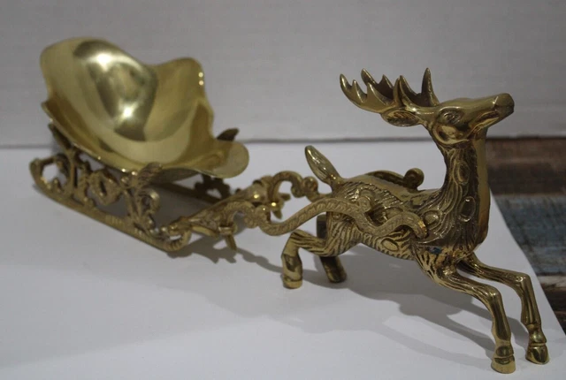 Vintage Solid Brass Ornate Reindeer Pulling Sleigh Made in India