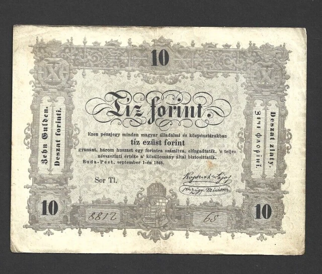 10 Forint Very Fine  Banknote From Rebell Government Of Hungary 1848  Pick-S117