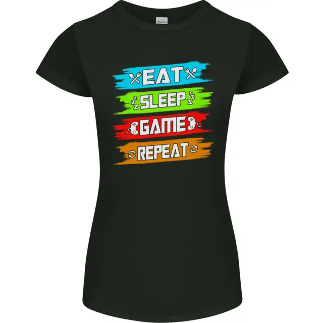 T-shirt Eat Sleep Game Divertente Gamer Gamming Donna Petite Cut