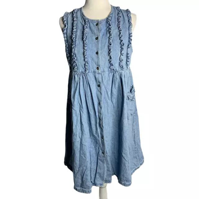 Vintage Storybook Heirlooms Babydoll Dress S Blue Denim Button Up Pockets Ruffle