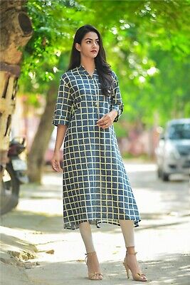Indian Cotton Kurti Women's Clothing Dress XL Size Green Check Party Wear Kurtis