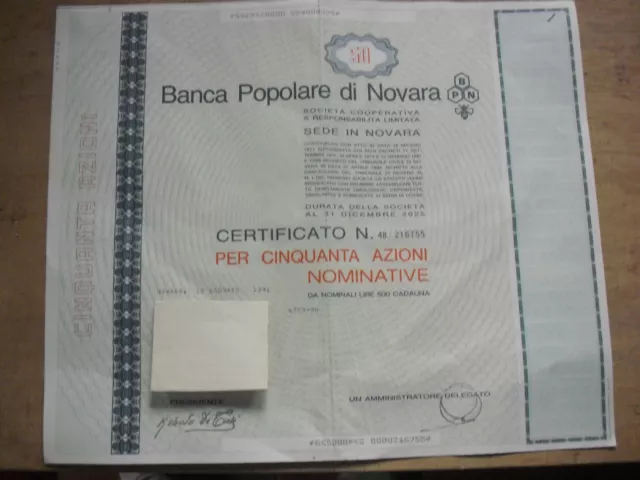 certificato x 50 azioni nominative da 500 lire BANCA POPOLARE DI NOVARA - 1991