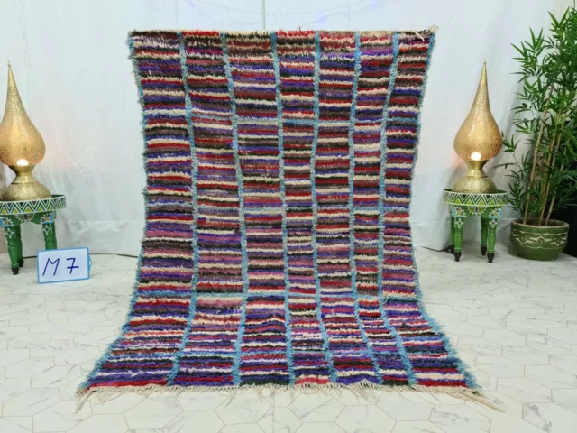 Vintage Moroccan Handmade Rug 4'1"x6' Berber Striped Purple Red Cotton Rug