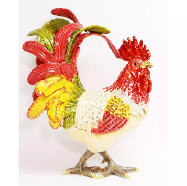 Bejeweled Enameled Trinket Box/Figurine With Rhinestones-8"Giant Rooster Chicken