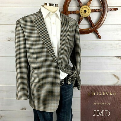 J Hilburn Mens Custom Tailored Fit Blazer Wool Tan Black Check Jacket Size 47L