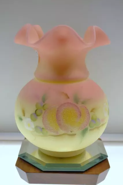 FENTON VASE Y Burmese 100TH ANVSRY sign George BEADED FRUIT NIB FREEusaSHIP