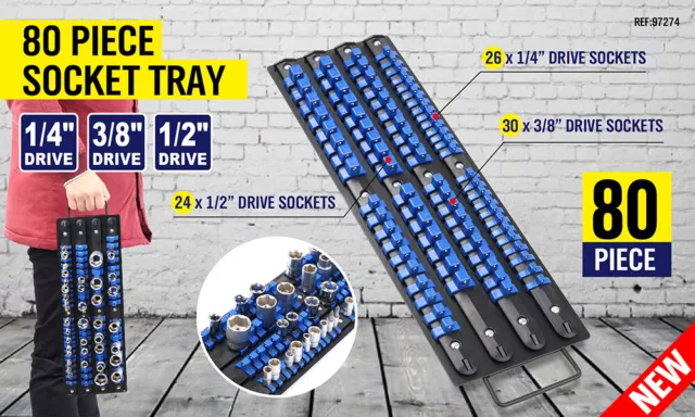 80-Mixed Socket Rail Storage Set Organizer Tray 1/2" 3/8" 1/4 Drive Holder Grip 2