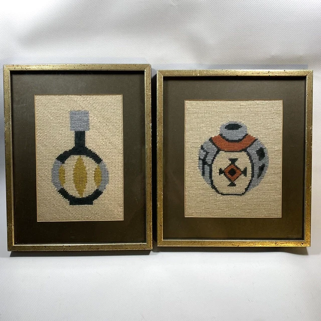 Jarros de arte con aguja recipientes cerámica azul beige hilo enmarcado pequeño obras de arte