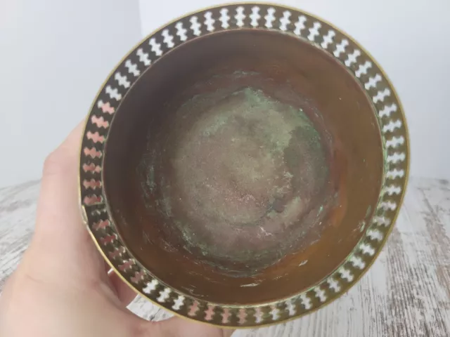 Copper Rose Bowl Vase Planter Round Flower 3D Pierced Footed 4" Vtg Patina Metal 2