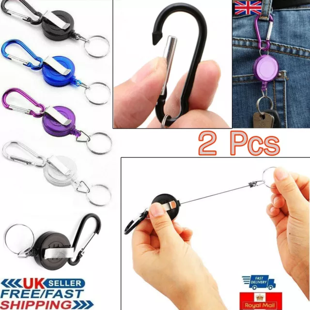 2Pcs Pieces Retractable Keyring Recoil Key Chain Stainless Steel Heavy Duty Clip