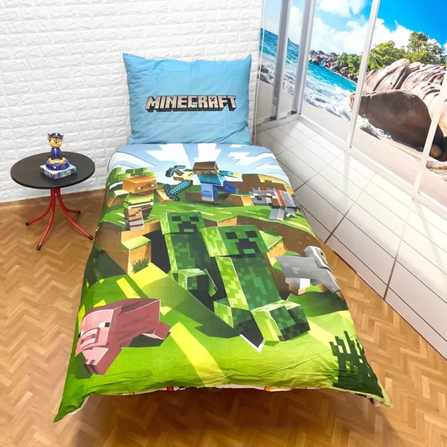 Minecraft Logo Set 2pezzi Cama Individual Funda Nórdica 140x200cm, Almohada Lino