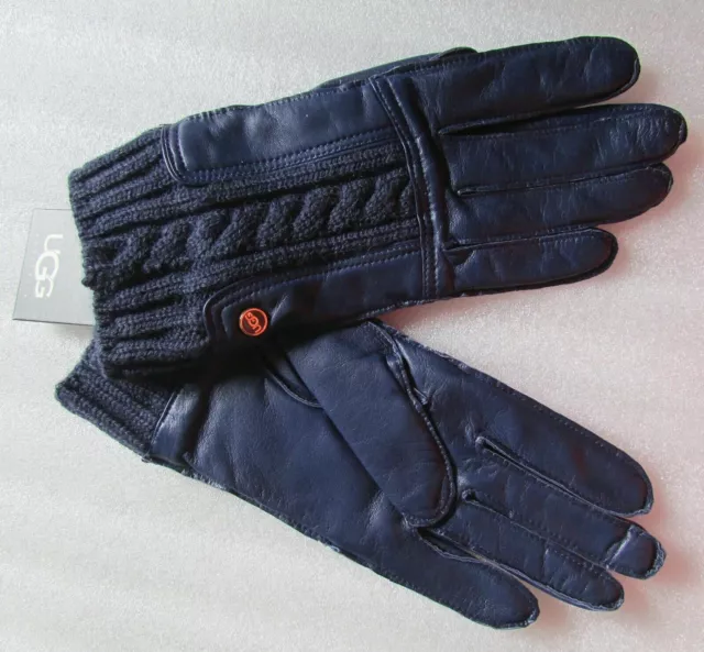 UGG Gloves Alexis Leather Knit Blue Small New