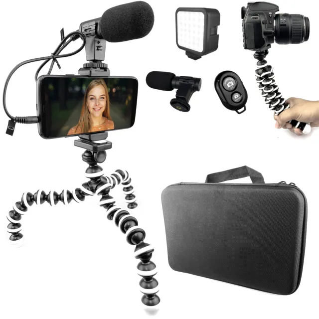 10" Octopus Flexible Tripod Vlogging Kit, Mic, Led Light, Hard Case + Phone Clip