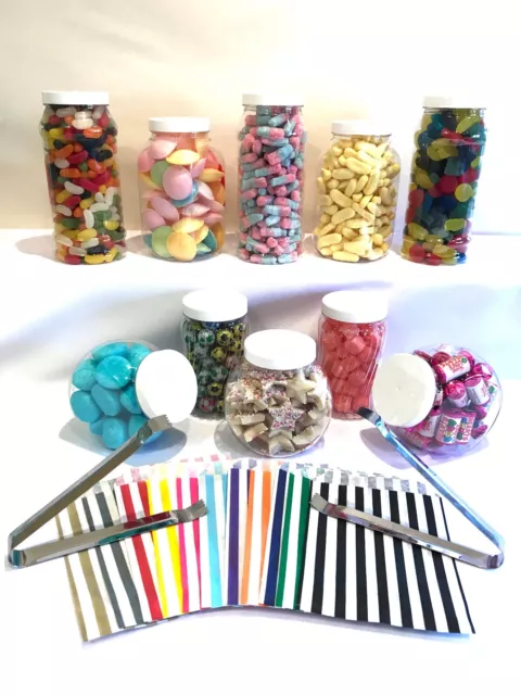 10 Assorted Plastic Sweet Jars 2 Tongs 50/100 Bags 2 STYLES OF LID Candy Buffet 3